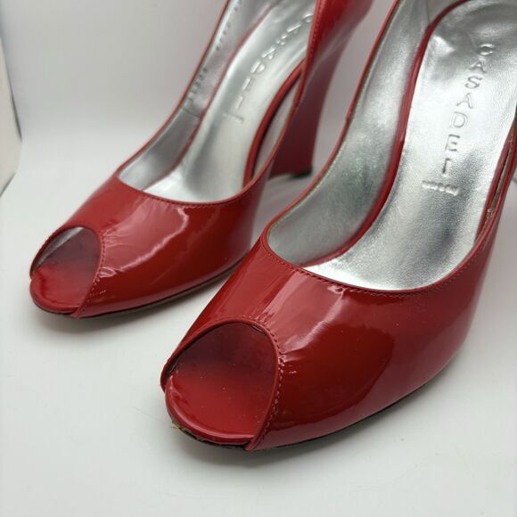 Casadei Red Blade Patent Leather Peep Toe Wedges 6.5 Made In Italy 4 INCH Heel - Picture 5 of 8